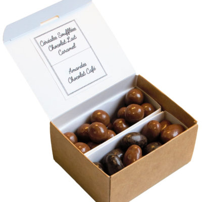 coffret 2 gourmandises de chocolats : amandes chocolat café, céréales croustillantes chocolat caramel fleur de sel
